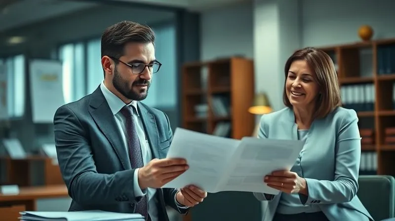 A photorealistic, professional photography, 8K, cinematic lighting, sharp focus, depth of field, shot on a high-end DSLR. Image of a legal professional (e.g., lawyer) in a modern, well-lit office, reviewing documents with a client who looks relieved. The setting conveys trust, expertise, and a sense of calm resolution, with legal books and a professional desk in the background.