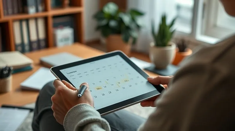 A photorealistic, professional photography, 8K, cinematic lighting, sharp focus, depth of field, shot on a high-end DSLR. Image of a person calmly organizing a calendar and digital reminders on a tablet, surrounded by a neatly arranged home office. The scene conveys a sense of proactive financial management and peace of mind, with soft, natural lighting.