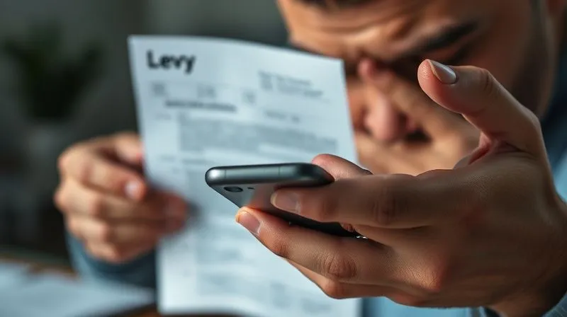 A photorealistic, professional photography, 8K, cinematic lighting, sharp focus, depth of field. A close-up of a business owner's hands, one holding a smartphone, the other covering their face in stress, with a blurred bank statement showing a 'levy' notification in the background. The lighting is low-key, emphasizing the urgency and emotional impact.