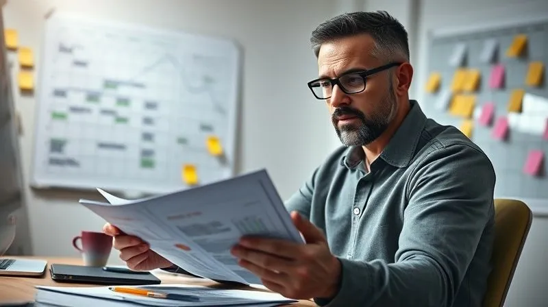 A photorealistic, professional photography, 8K, cinematic lighting, sharp focus, depth of field. A business owner, looking determined, is reviewing financial documents and a calendar, surrounded by sticky notes and a whiteboard with strategic plans. The scene conveys focused problem-solving and resilience in a challenging financial situation.