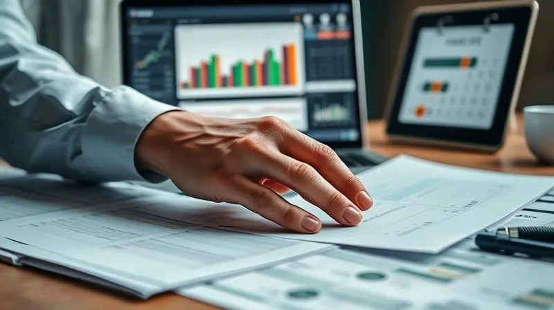 A photorealistic, professional photography, 8K, cinematic lighting, sharp focus, depth of field. A person's hands meticulously organizing financial documents, with a laptop displaying a financial dashboard and a calendar showing future tax deadlines. The scene is calm, organized, and well-lit, conveying financial stability and proactive planning.