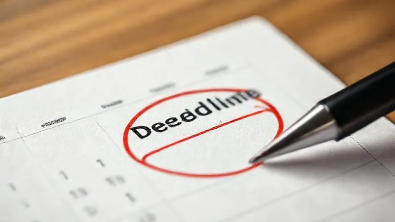 A photorealistic image of a calendar page with a specific date circled in red, symbolizing a crucial deadline. A pen is poised nearby. Cinematic lighting, sharp focus on the calendar, depth of field, 8K, shot on a high-end DSLR.