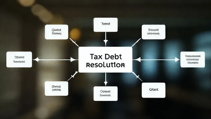 A photorealistic image of a flowchart depicting different paths for tax resolution, starting from a central "Tax Debt" node and branching out to "OIC," "Installment Agreement," "CNC," etc., with arrows indicating decision points. Professional, clean design, 8K, cinematic lighting, sharp focus, depth of field, shot on a high-end DSLR.