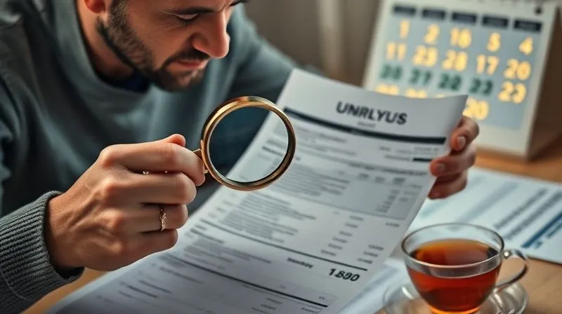 photorealistic, professional photography, 8K, cinematic lighting, sharp focus, depth of field, shot on a high-end DSLR, a person calmly reviewing a complex utility bill with a magnifying glass, a calendar with highlighted dates visible in the soft background, a cup of tea nearby, conveying a sense of focused analysis.