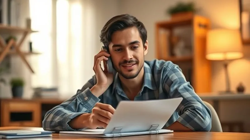 photorealistic, professional photography, 8K, cinematic lighting, sharp focus, depth of field, shot on a high-end DSLR, a person on the phone, looking calm and resolved, with a notepad and pen in front of them, actively discussing a bill, a blurred home office environment in the background, conveying proactive problem-solving.