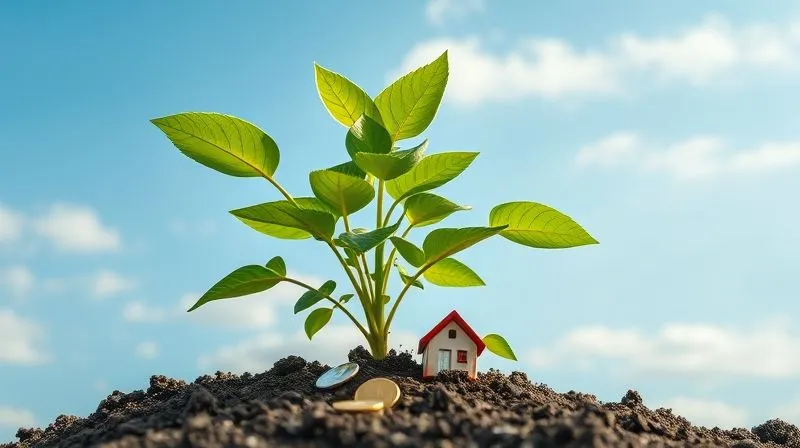 photorealistic, professional photography, 8K, cinematic lighting, sharp focus, depth of field, shot on a high-end DSLR, a strong, healthy financial plant with vibrant green leaves growing out of fertile soil, with small coins and a small house icon nestled among the roots, symbolizing financial growth and resilience. A clear, optimistic blue sky with soft clouds stretches in the background, conveying hope and stability.