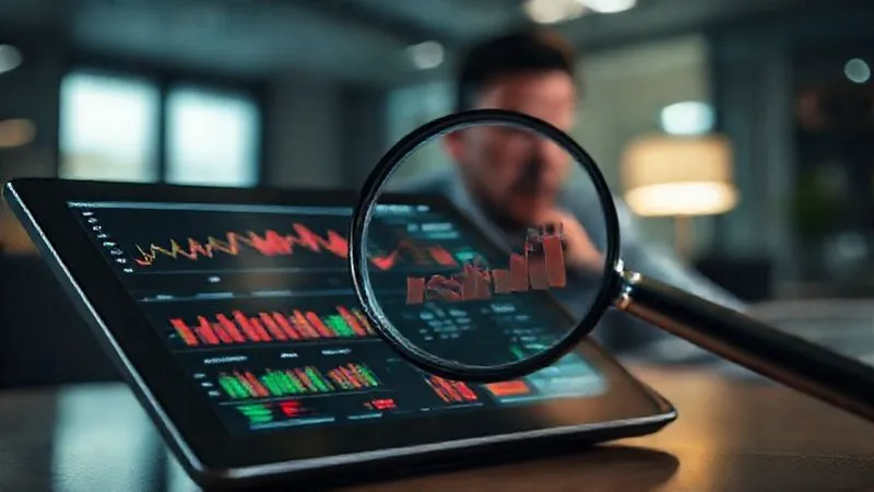 photorealistic, professional photography, 8K, cinematic lighting, sharp focus, depth of field, shot on a high-end DSLR. A detailed financial dashboard on a tablet, displaying complex charts and graphs in red and green, with a magnifying glass hovering over a 'Debt Service' section, highlighting a significant increase. The background shows a dimly lit office with a serious, focused individual in soft blur.