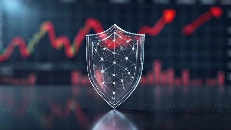 photorealistic, professional photography, 8K, cinematic lighting, sharp focus, depth of field, shot on a high-end DSLR. A stylized, transparent 3D shield made of interconnected lines and nodes, representing financial resilience and protection, stands firmly on a dark, polished surface. Behind it, blurred in the background, are turbulent financial charts and red arrows indicating rising rates. The shield is glowing subtly, symbolizing strength and security.