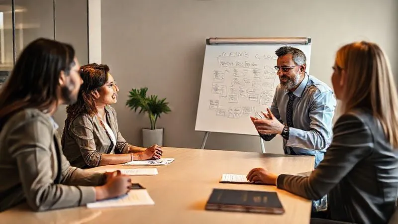photorealistic, professional photography, 8K, cinematic lighting, sharp focus, depth of field, shot on a high-end DSLR. A diverse group of business professionals, 4-5 people, are gathered around a conference table. A confident, empathetic leader is at the head, gesturing towards a whiteboard with strategic points. The team members are actively engaged, some taking notes, others looking at the leader with trust and focus. The lighting is warm and encouraging, emphasizing collaboration and shared purpose.