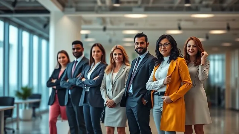 A photorealistic image of a diverse team of business professionals standing confidently in a modern, brightly lit office, looking forward with a sense of shared purpose and security. A subtle, glowing digital shield icon is faintly visible in the background, symbolizing protection. Professional photography, 8K, cinematic lighting, sharp focus on the team, depth of field blurring the office environment.