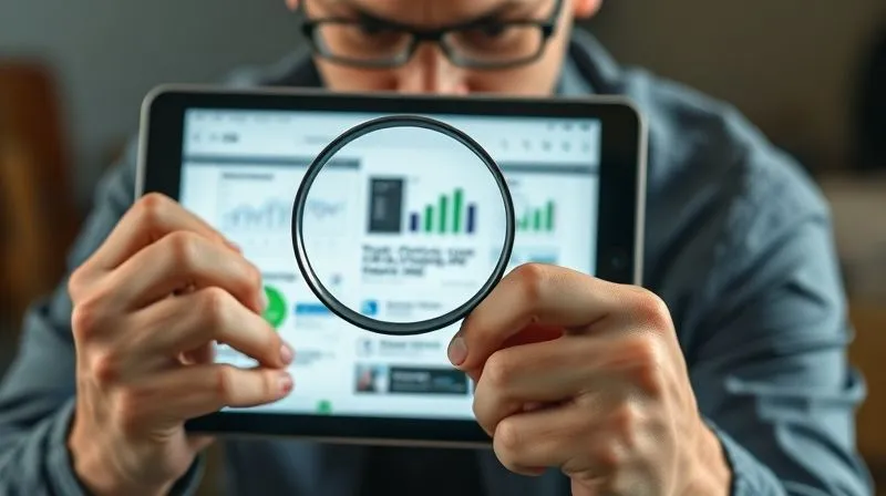 A photorealistic close-up of a person's hands holding a magnifying glass over a crowdfunding campaign page on a tablet, with a determined expression on their face. The screen shows charts and text, symbolizing deep analysis. Professional photography, 8K, cinematic lighting, sharp focus on the tablet and hands, depth of field blurring the background, shot on a high-end DSLR.