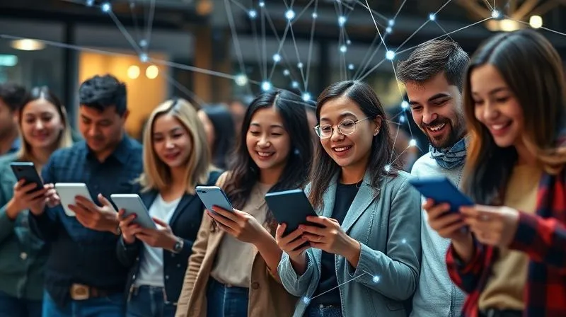 A photorealistic image of a diverse group of people, each holding a smartphone or tablet, looking engaged and excited. Digital lines and connections emanate from their devices, symbolizing a viral marketing campaign spreading across a network. Professional photography, 8K, cinematic lighting, sharp focus on the people and devices, depth of field blurring the background, shot on a high-end DSLR.