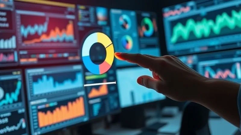A photorealistic image of a complex data dashboard with various charts and graphs, displayed on multiple screens in a dimly lit, high-tech office. A hand is reaching out to interact with a holographic projection of a pie chart, symbolizing data analysis and decision-making. Professional photography, 8K, cinematic lighting, sharp focus on the dashboard and hand, depth of field blurring the background, shot on a high-end DSLR.