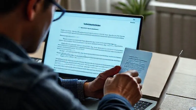 A photorealistic, professional photography, 8K, cinematic lighting, sharp focus, depth of field, shot on a high-end DSLR image of a person carefully reading fine print on a digital screen displaying an exchange's Terms of Service, with a secure hardware wallet prominently displayed on the desk next to a laptop. The atmosphere is diligent and focused, emphasizing preparation and security.