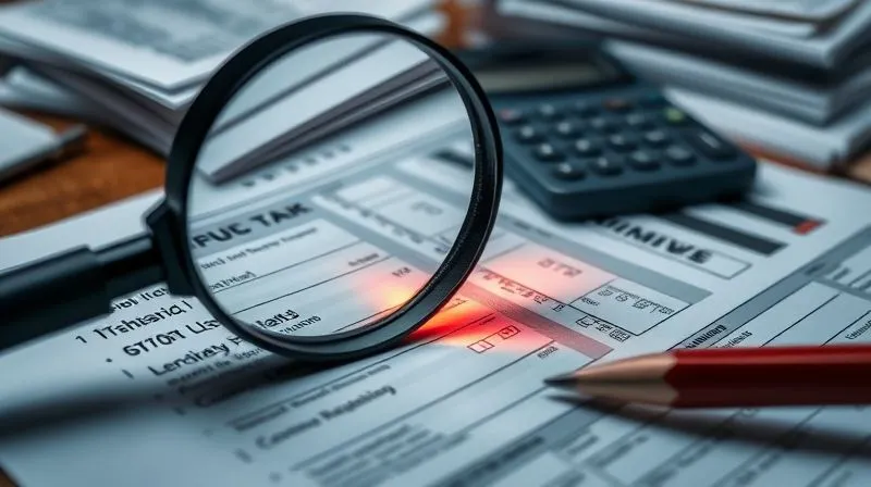 Photorealistic, professional photography, 8K, cinematic lighting, sharp focus, depth of field, shot on a high-end DSLR, a magnifying glass hovering over a complex tax form with various highlighted sections, a red pen marking discrepancies, a calculator and stacks of receipts blurred in the background, a sense of meticulous examination and scrutiny.