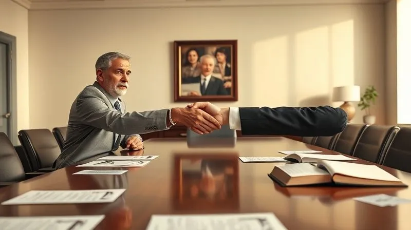 Photorealistic, professional photography, 8K, cinematic lighting, sharp focus, depth of field, shot on a high-end DSLR, a small business owner shaking hands with a professional tax attorney across a large conference table, both looking serious and determined, legal documents and tax code books open on the table, a sense of trust and collaboration, warm, authoritative office environment.