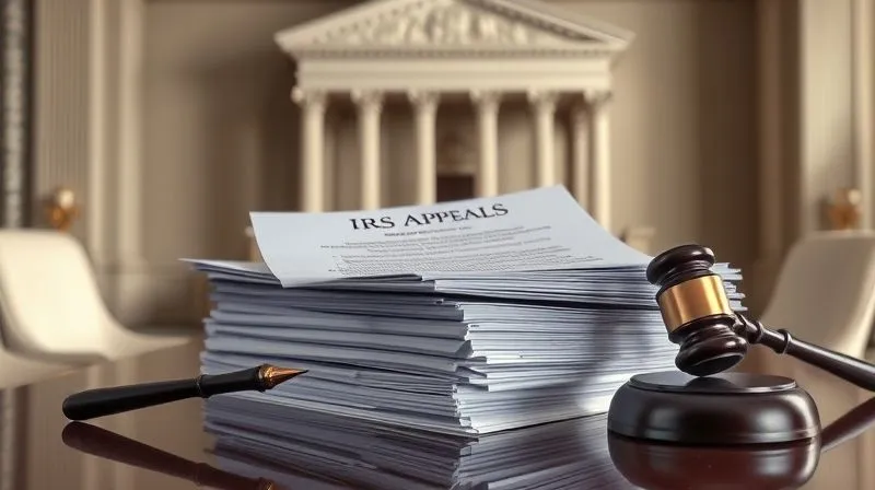 Photorealistic, professional photography, 8K, cinematic lighting, sharp focus, depth of field, shot on a high-end DSLR, a stack of legal briefs and IRS appeal forms on a polished desk, a gavel resting beside them, a blurred image of a courthouse in the background, conveying the weight and formality of the appeals process, dramatic lighting emphasizing the importance of the documents.