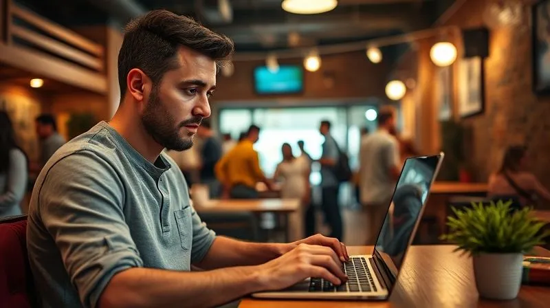 photorealistic, professional photography, 8K, cinematic lighting, sharp focus, depth of field, shot on a high-end DSLR, a person intently typing on a laptop in a bustling hostel common area, surrounded by other travelers, with a focused expression, representing remote work while traveling.