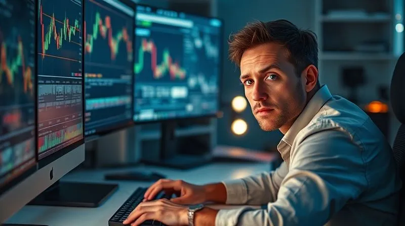 A photorealistic image of a person sitting at a desk, illuminated by the glow of multiple computer monitors displaying complex cryptocurrency charts and news feeds. Their expression is focused and determined, with a slight look of concern, as they make a decision on a keyboard. Professional photography, 8K, cinematic lighting, sharp focus on the person and screens, depth of field blurring the background, shot on a high-end DSLR.
