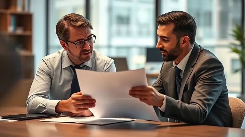 Photorealistic image of a professional tax advisor calmly explaining a complex document to a client, both seated at a modern office desk, a sense of reassurance and clarity. 8K, cinematic lighting, sharp focus on their expressions, depth of field blurring the background, shot on a high-end DSLR.