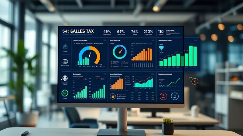 Photorealistic image of a digital dashboard displaying various sales tax compliance metrics and analytics, clean UI, vibrant data visualizations, symbolizing proactive management and prevention. 8K, cinematic lighting, sharp focus on the screen, depth of field blurring the office background, shot on a high-end DSLR.