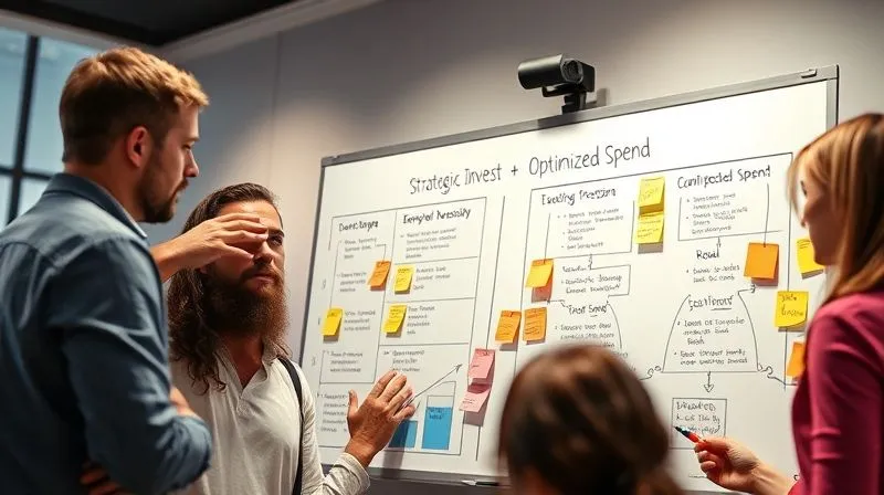 A photorealistic image of diverse business professionals collaborating around a whiteboard, actively brainstorming ideas with sticky notes and markers, with a chart showing 'Strategic Investments' and 'Optimized Spend' clearly visible. The atmosphere is energetic and positive, professional photography, 8K, cinematic lighting, sharp focus, depth of field.