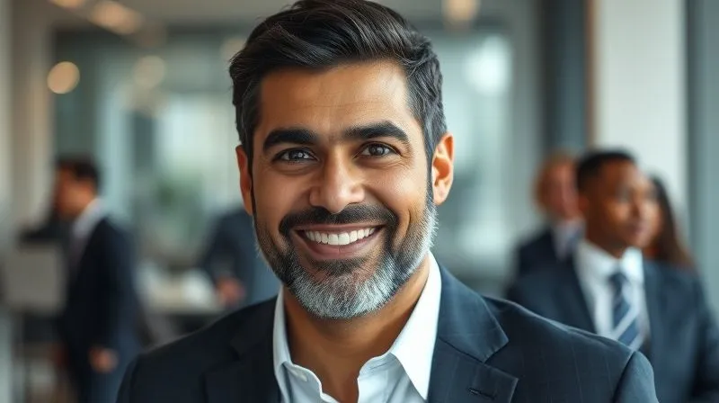 A photorealistic portrait of a diverse business leader, mid-shot, with a warm, empathetic yet confident expression, looking directly at the viewer, symbolizing trust and guidance. The background is a modern, slightly blurred office, professional photography, 8K, cinematic lighting, sharp focus, depth of field.