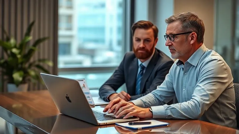 photorealistic, professional photography, 8K, cinematic lighting, sharp focus, depth of field, shot on a high-end DSLR, a financial advisor and a client discussing investment strategies at a modern office desk, a laptop displaying diverse financial charts, both looking engaged and confident, symbolizing expert guidance and trust, emotionally resonant.