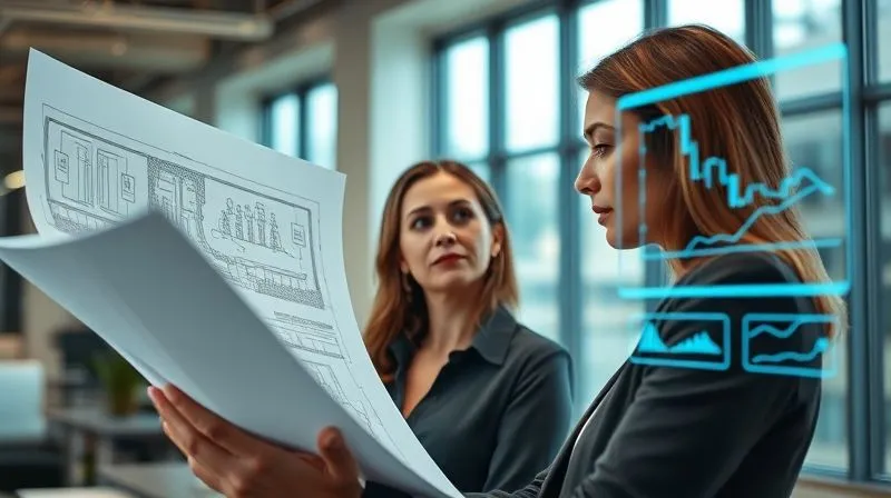 A photorealistic, professional photography, 8K, cinematic lighting, sharp focus, depth of field, shot on a high-end DSLR of a woman, a successful architect, looking thoughtfully at a complex blueprint on one side, and a simplistic digital investment screen on the other, symbolizing the gap between her intricate financial reality and automated tools. The setting is a modern, well-lit office.