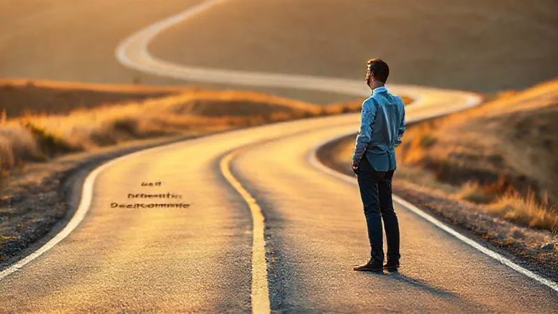 A photorealistic image of a professional standing at a fork in a winding road. One path is clearly marked 'Debt Repayment' and shows a consistent, steady incline. The other path is marked 'Investment Opportunity' and shows a steeper, more uncertain but potentially rewarding climb. The professional looks thoughtfully between the two paths, weighing options. Golden hour lighting, sharp focus, depth of field blurring the distant horizon, 8K hyper-detailed.