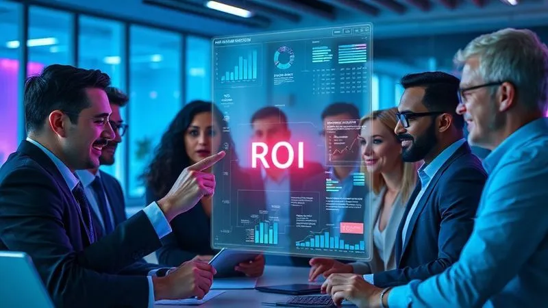 A photorealistic image of a diverse group of professionals intensely collaborating around a glowing holographic projection of financial data, charts, and decision trees. One professional points to a projected 'ROI' metric with a confident expression. The scene is bathed in futuristic blue and purple cinematic lighting, sharp focus on the faces and the data, depth of field blurring the modern office background, 8K hyper-detailed.