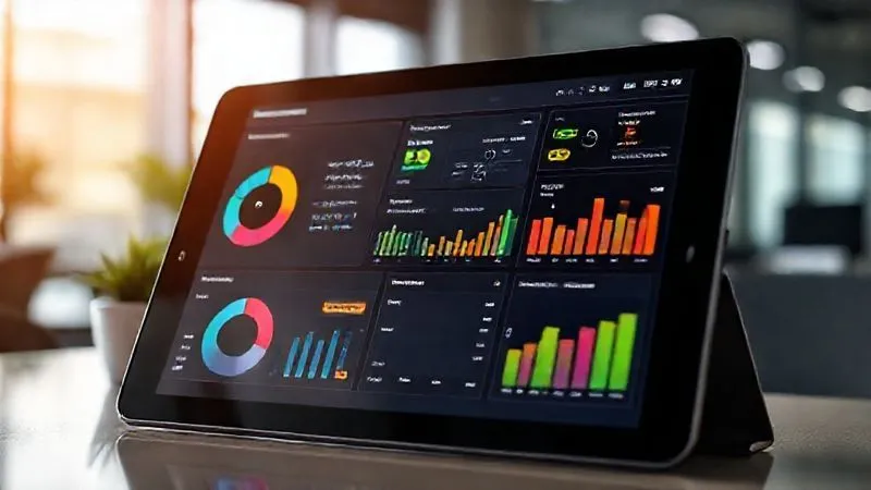 A photorealistic image of a highly detailed digital dashboard on a tablet screen, showing various financial metrics, pie charts for expense categories, bar graphs for project spending, and real-time expense alerts. The screen is vibrant and modern, with a blurred professional office background. 8K, cinematic lighting, sharp focus on the dashboard, depth of field, shot on a high-end DSLR.