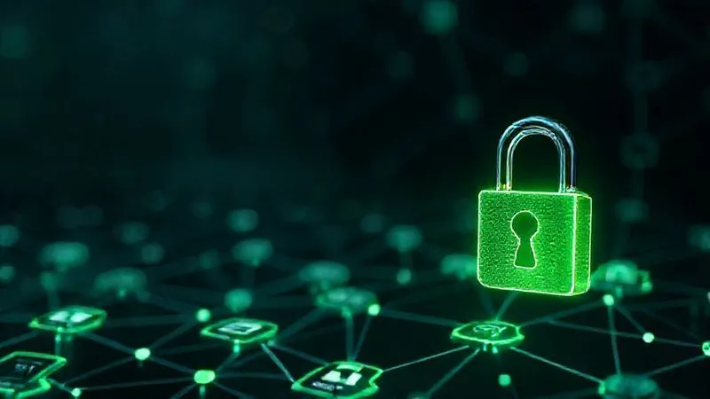 A photorealistic image of a digital padlock icon glowing with a subtle green light, superimposed over a complex network of financial data flowing between different icons representing accounting software, banking apps, and expense platforms. The background is dark and futuristic, emphasizing security and connectivity. 8K, cinematic lighting, sharp focus on the padlock, depth of field, shot on a high-end DSLR.