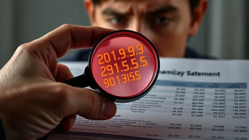 A photorealistic image of a hand holding a magnifying glass over a complex financial statement, highlighting red numbers indicating losses, with a worried but focused expression on a blurred face in the background. Cinematic lighting, sharp focus on the document, depth of field. 8K hyper-detailed, professional photography, shot on a high-end DSLR.