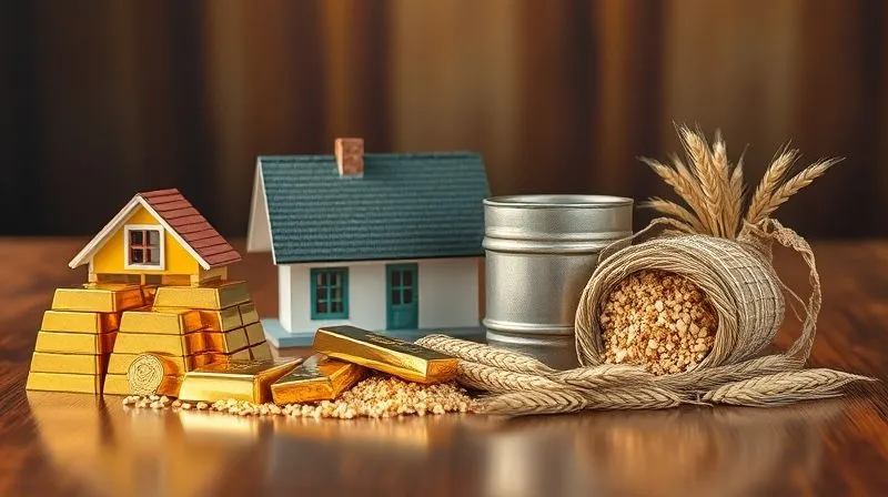 A photorealistic image of a diverse collection of real assets: a miniature house, gold bars, a crude oil barrel, and a bushel of wheat, all arranged on a polished wooden table. Cinematic lighting, sharp focus, depth of field, 8K hyper-detailed, professional photography, shot on a high-end DSLR.