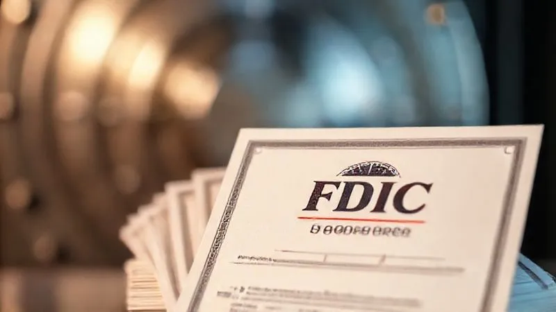 A photorealistic, professional photography shot of a meticulously arranged stack of FDIC-insured certificates, with a clear focus on the official FDIC logo and text. In the background, a blurred, secure bank vault door is subtly visible, conveying trust and protection. Cinematic lighting emphasizes the official documents, with a sharp depth of field. 8K hyper-detailed.