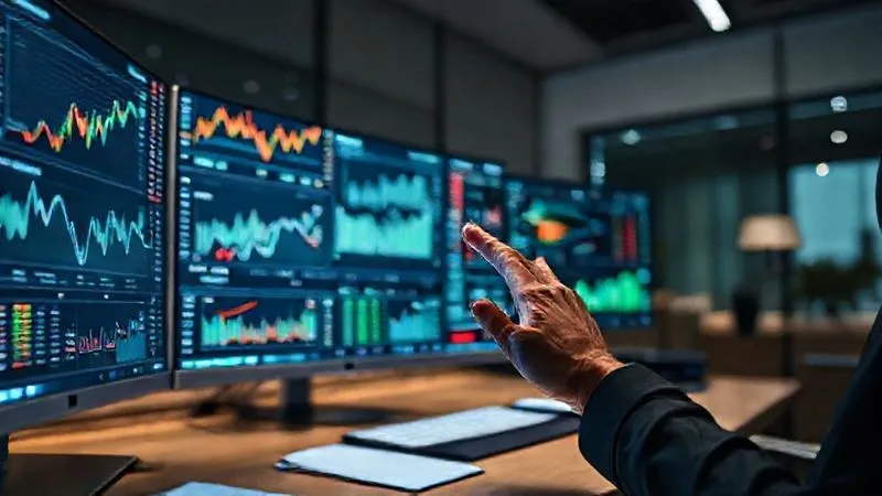 A photorealistic, professional photography shot of a sleek, modern financial advisor's desk with multiple monitors displaying complex financial charts, a high-yield savings account dashboard, and real-time market data. A hand is subtly interacting with a touch screen, suggesting advanced digital tools. The atmosphere is calm and focused, with soft, ambient lighting. Sharp focus on the screens, depth of field. 8K hyper-detailed.