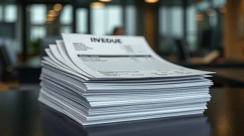 A photorealistic image of a stack of neatly organized, professional-looking invoices, with one prominent invoice clearly marked "OVERDUE" in a contrasting color. The invoices are on a dark desk with a blurred background of a modern office. Professional photography, 8K, cinematic lighting, sharp focus on the overdue invoice, depth of field, shot on a high-end DSLR.