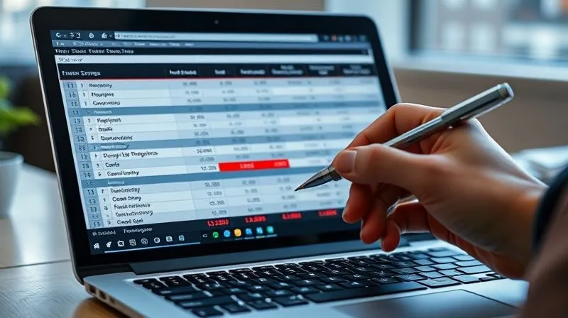 A photorealistic image of a detailed financial budget spreadsheet displayed on a modern laptop screen, with various expense categories clearly visible and some figures highlighted in red, indicating overspending. A hand holds a pen, poised to make adjustments. Professional photography, 8K, cinematic lighting, sharp focus on the screen, depth of field, shot on a high-end DSLR.