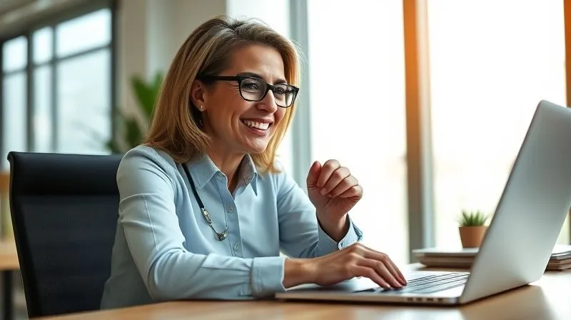 A photorealistic image of a confident business owner, a woman in her 40s, smiling as she looks at a laptop screen displaying a vibrant green bar chart indicating healthy financial growth and a positive bank balance. Her hands are clasped, resting on the desk in a gesture of accomplishment. The office is modern and bright. Professional photography, 8K, cinematic lighting, sharp focus on the woman and the screen, depth of field, shot on a high-end DSLR.