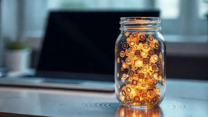photorealistic, professional photography, 8K, cinematic lighting, sharp focus, depth of field, shot on a high-end DSLR. A multitude of digital subscription icons (streaming, apps, software) are depicted as tiny, glowing droplets slowly dripping out of a full, transparent money jar, creating small ripples. The jar is placed on a modern desk with a blurred background of a high-end laptop, symbolizing unseen expenses draining wealth.