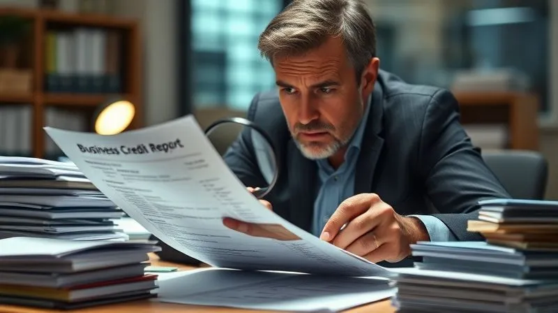 A photorealistic image of a frustrated business owner, a man or woman in their 40s, meticulously scrutinizing a printed business credit report with a magnifying glass, surrounded by stacks of financial documents on a well-lit desk. The expression is one of concentration and slight concern, cinematic lighting, sharp focus on the report and hands, depth of field blurring the office background, 8K hyper-detailed, professional photography, shot on a high-end DSLR.