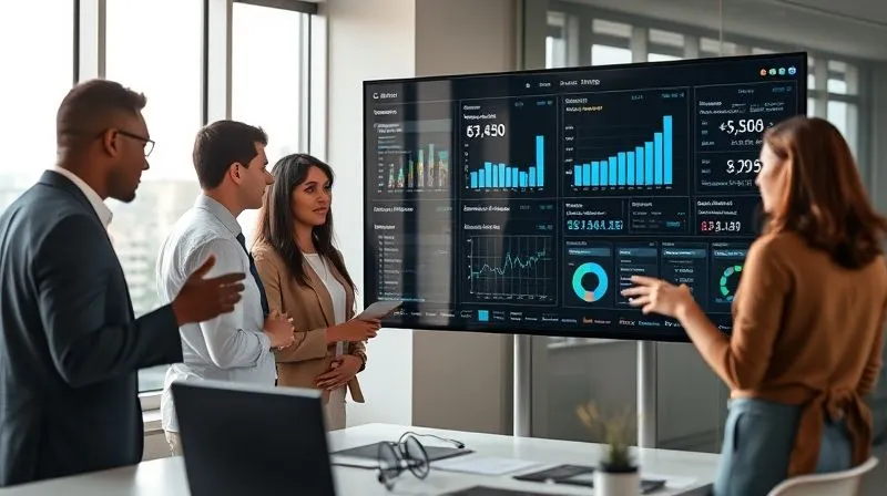 A photorealistic image of a diverse group of business professionals (2 men, 2 women) in a modern, sunlit office, gathered around a large monitor displaying financial data and strategic plans. They are engaged in a collaborative discussion, gesturing towards the screen, conveying teamwork and proactive planning. Cinematic lighting, sharp focus on the group, depth of field blurring the background, 8K hyper-detailed, professional photography, shot on a high-end DSLR.