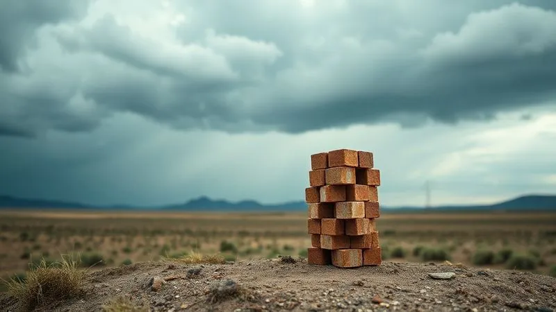 A stack of small, decorative building blocks, representing limited protection, next to a vast, open, and vulnerable landscape under a stormy sky, photorealistic, professional photography, 8K, cinematic lighting, sharp focus, depth of field, shot on a high-end DSLR