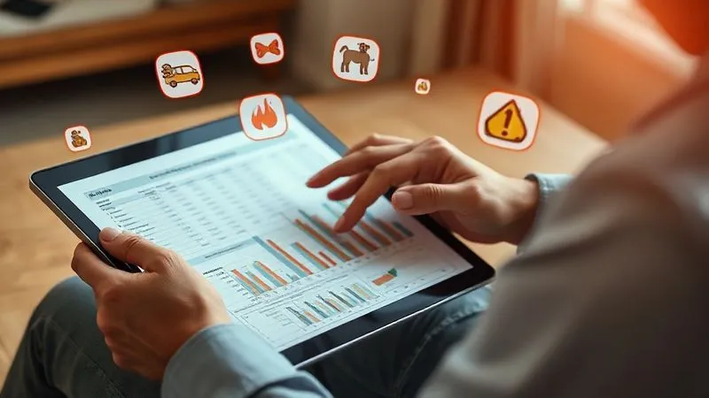 A person thoughtfully examining a complex financial spreadsheet on a tablet, with various risk icons (e.g., dog, car, house fire) floating around them in a subtle, non-intrusive way, symbolizing risk assessment, photorealistic, professional photography, 8K, cinematic lighting, sharp focus, depth of field, shot on a high-end DSLR