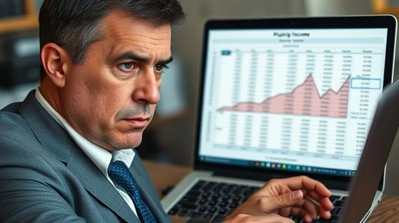 photorealistic, professional photography, 8K, cinematic lighting, sharp focus, depth of field, shot on a high-end DSLR. A person in a business suit looking at a complex financial spreadsheet on a laptop, with a graph showing fluctuating income, subtly illuminated by the screen. The expression is thoughtful, slightly concerned, conveying the challenge of income stability for loan applications.