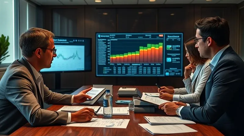 photorealistic, professional photography, 8K, cinematic lighting, sharp focus, depth of field, shot on a high-end DSLR. A diverse group of financial professionals around a boardroom table, looking at various data points on screens and documents, with one person pointing to a complex chart, illustrating different lenders' varying risk appetites and criteria. The atmosphere is serious and analytical.